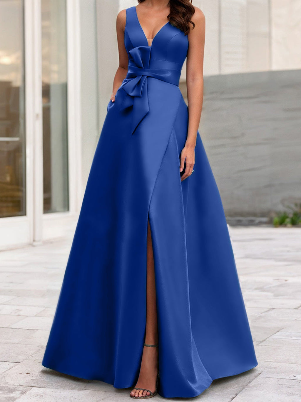 Vestidos de madre de la novia de corte A/princesa, escote en V, sin mangas, con abertura lateral 