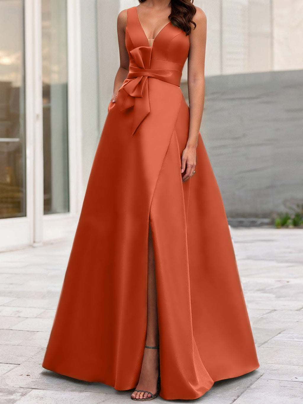 Vestidos de madre de la novia de corte A/princesa, escote en V, sin mangas, con abertura lateral 