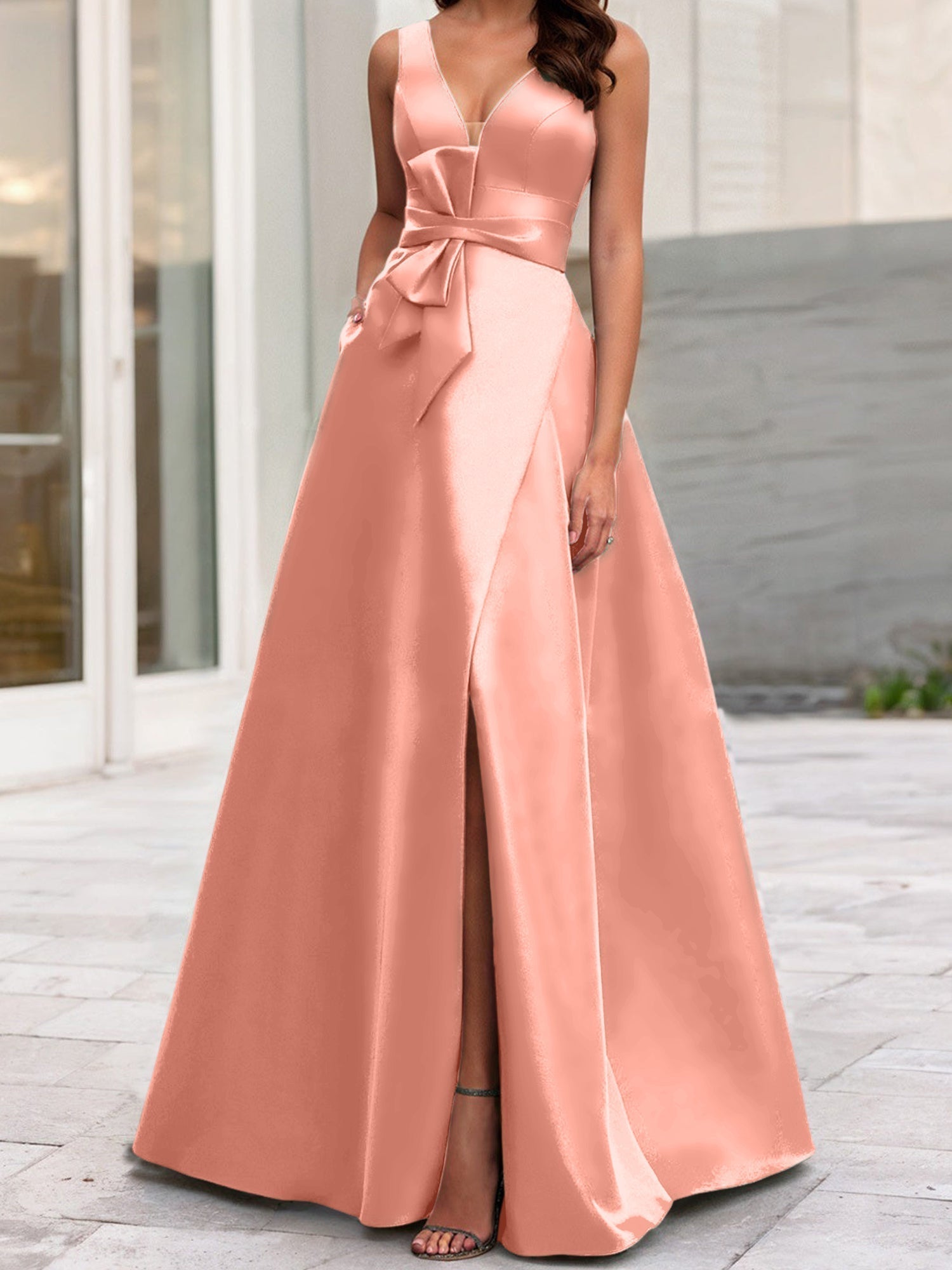 Vestidos de madre de la novia de corte A/princesa, escote en V, sin mangas, con abertura lateral 