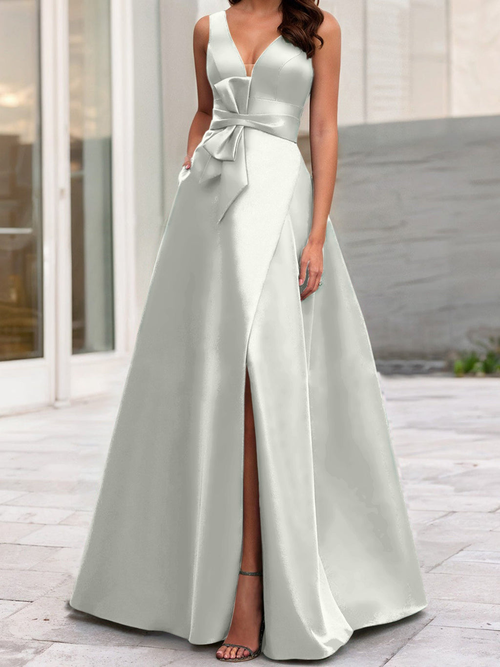Vestidos de madre de la novia de corte A/princesa, escote en V, sin mangas, con abertura lateral 
