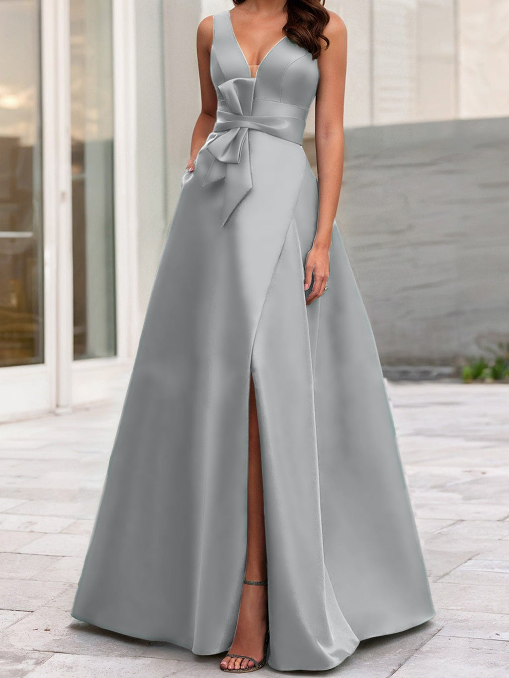 Vestidos de madre de la novia de corte A/princesa, escote en V, sin mangas, con abertura lateral 