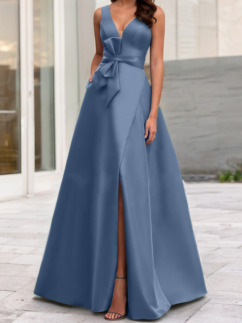 Vestidos de madre de la novia de corte A/princesa, escote en V, sin mangas, con abertura lateral 