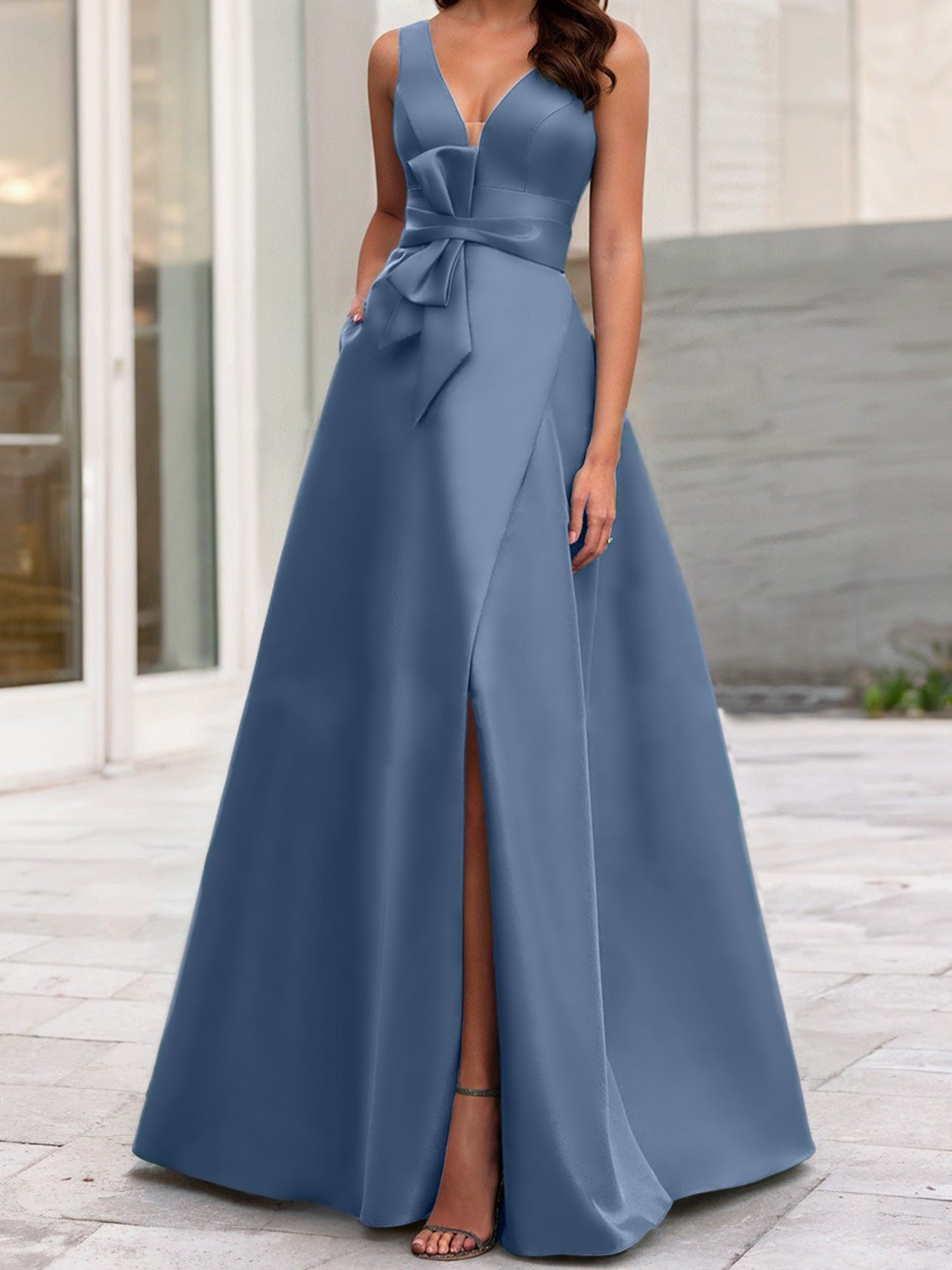 Vestidos de madre de la novia de corte A/princesa, escote en V, sin mangas, con abertura lateral 