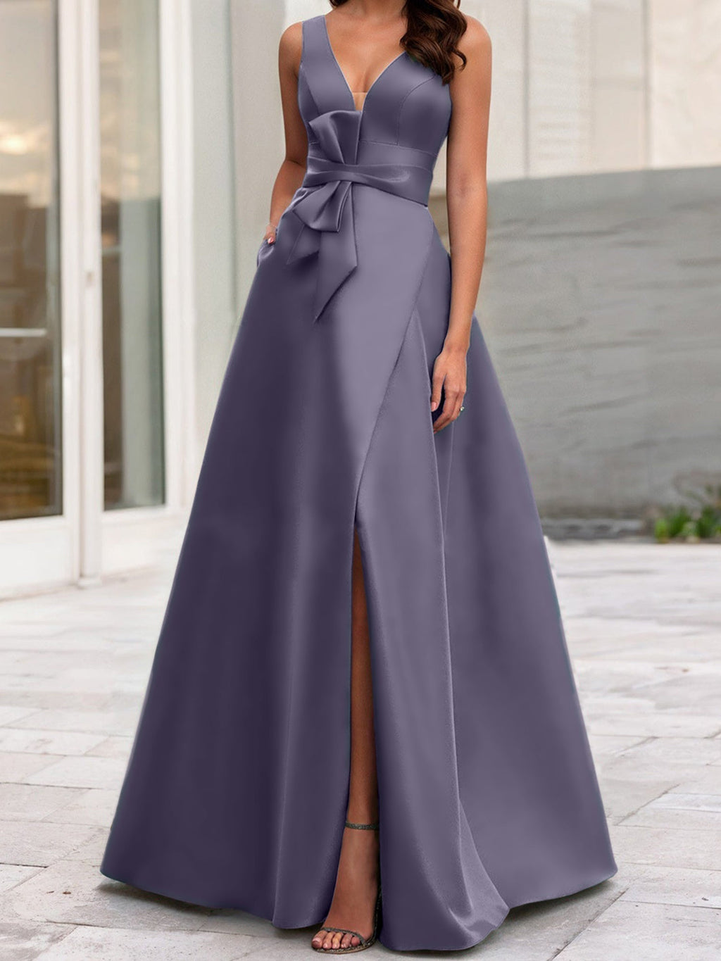 Vestidos de madre de la novia de corte A/princesa, escote en V, sin mangas, con abertura lateral 