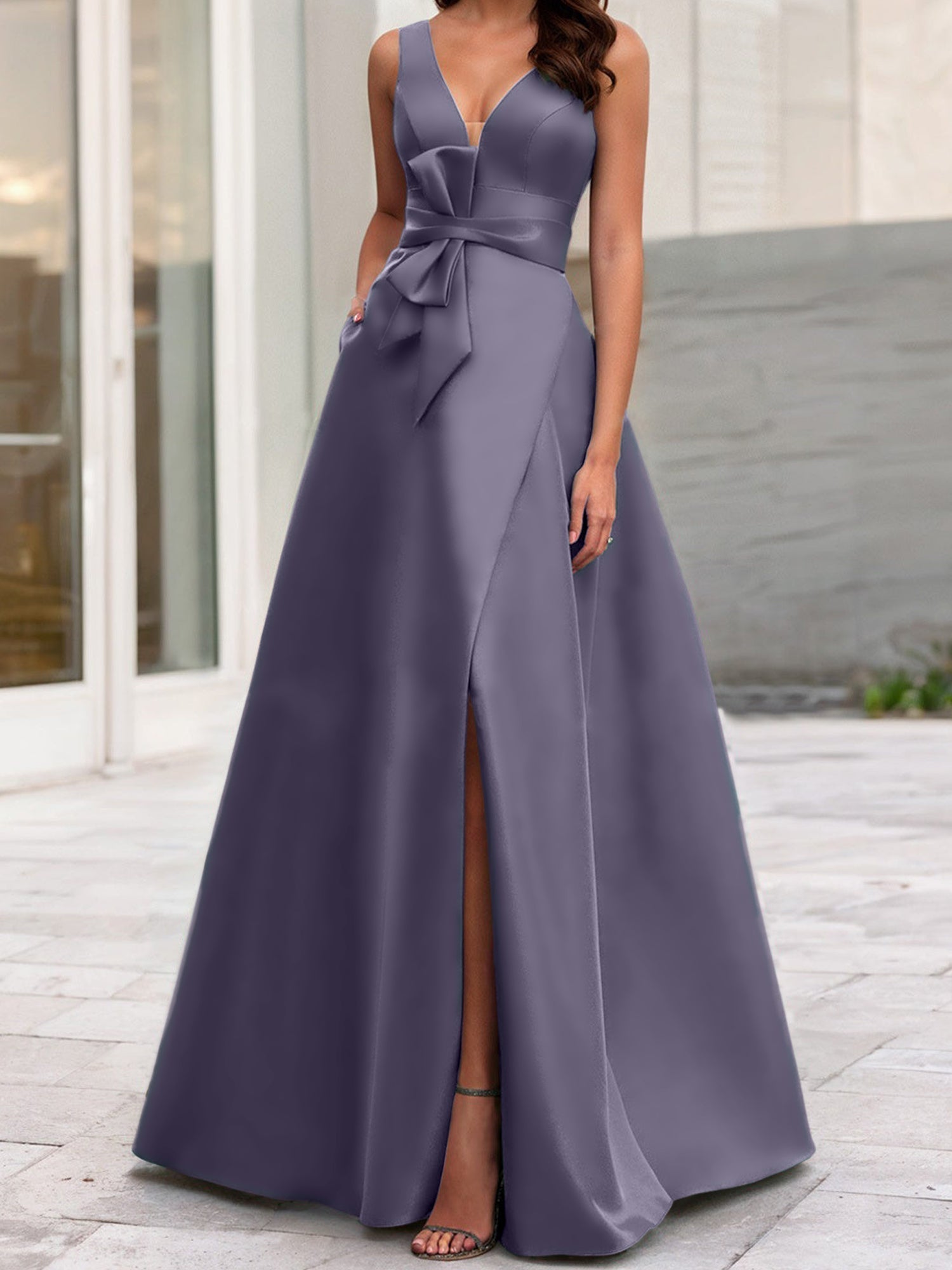 Vestidos de madre de la novia de corte A/princesa, escote en V, sin mangas, con abertura lateral 