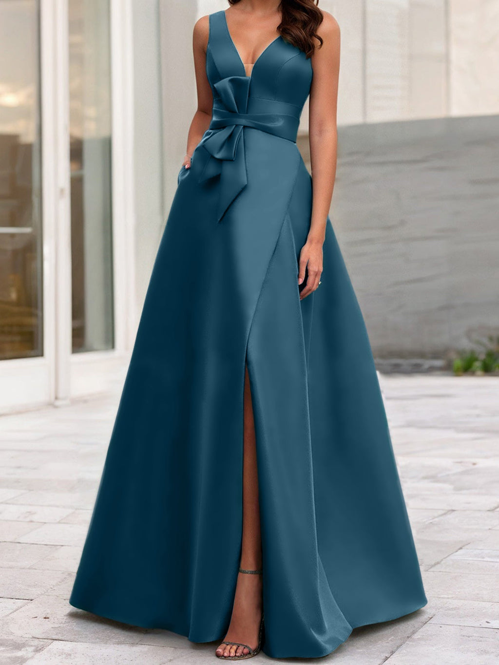 Vestidos de madre de la novia de corte A/princesa, escote en V, sin mangas, con abertura lateral 
