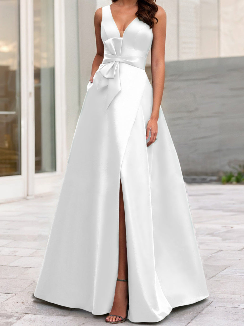 Vestidos de madre de la novia de corte A/princesa, escote en V, sin mangas, con abertura lateral 