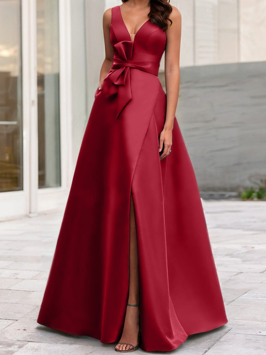 Vestidos de madre de la novia de corte A/princesa, escote en V, sin mangas, con abertura lateral 