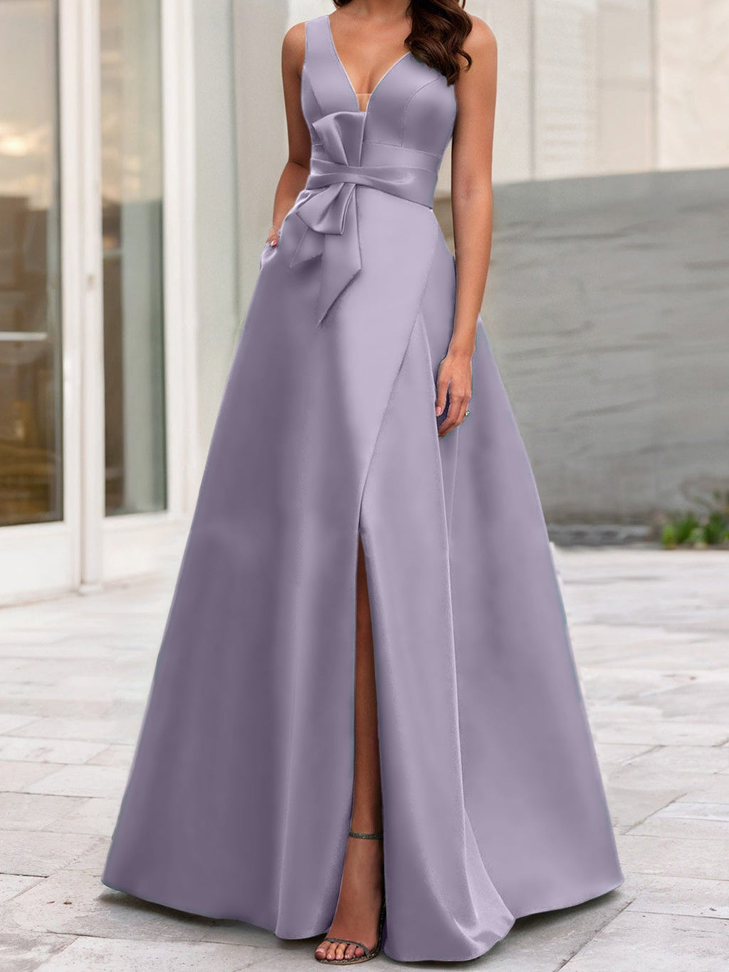Vestidos de madre de la novia de corte A/princesa, escote en V, sin mangas, con abertura lateral 