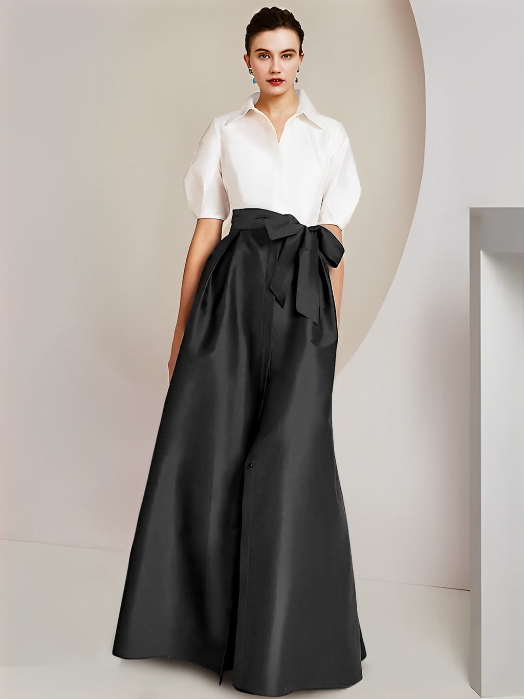 Vestido de 2 piezas para madre de la novia, corte A/princesa, cuello camisero, mangas cortas 