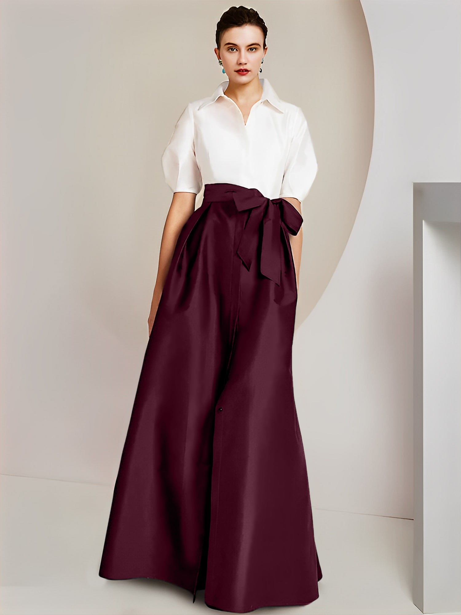 Vestido de 2 piezas para madre de la novia, corte A/princesa, cuello camisero, mangas cortas 