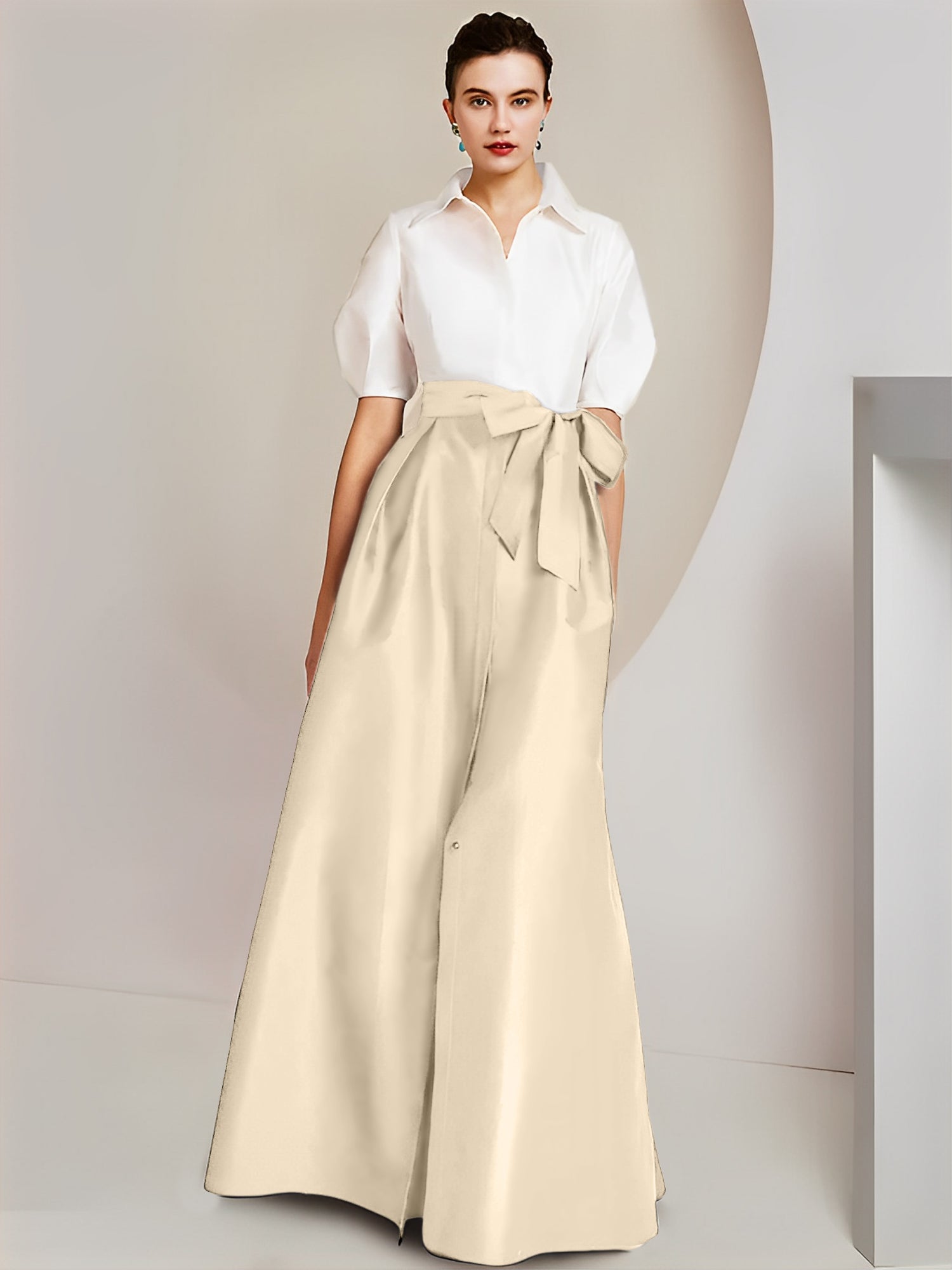 Vestido de 2 piezas para madre de la novia, corte A/princesa, cuello camisero, mangas cortas 