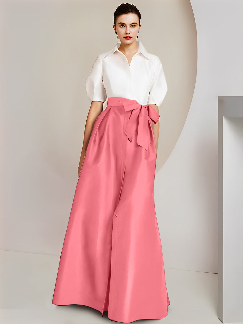 Vestido de 2 piezas para madre de la novia, corte A/princesa, cuello camisero, mangas cortas 