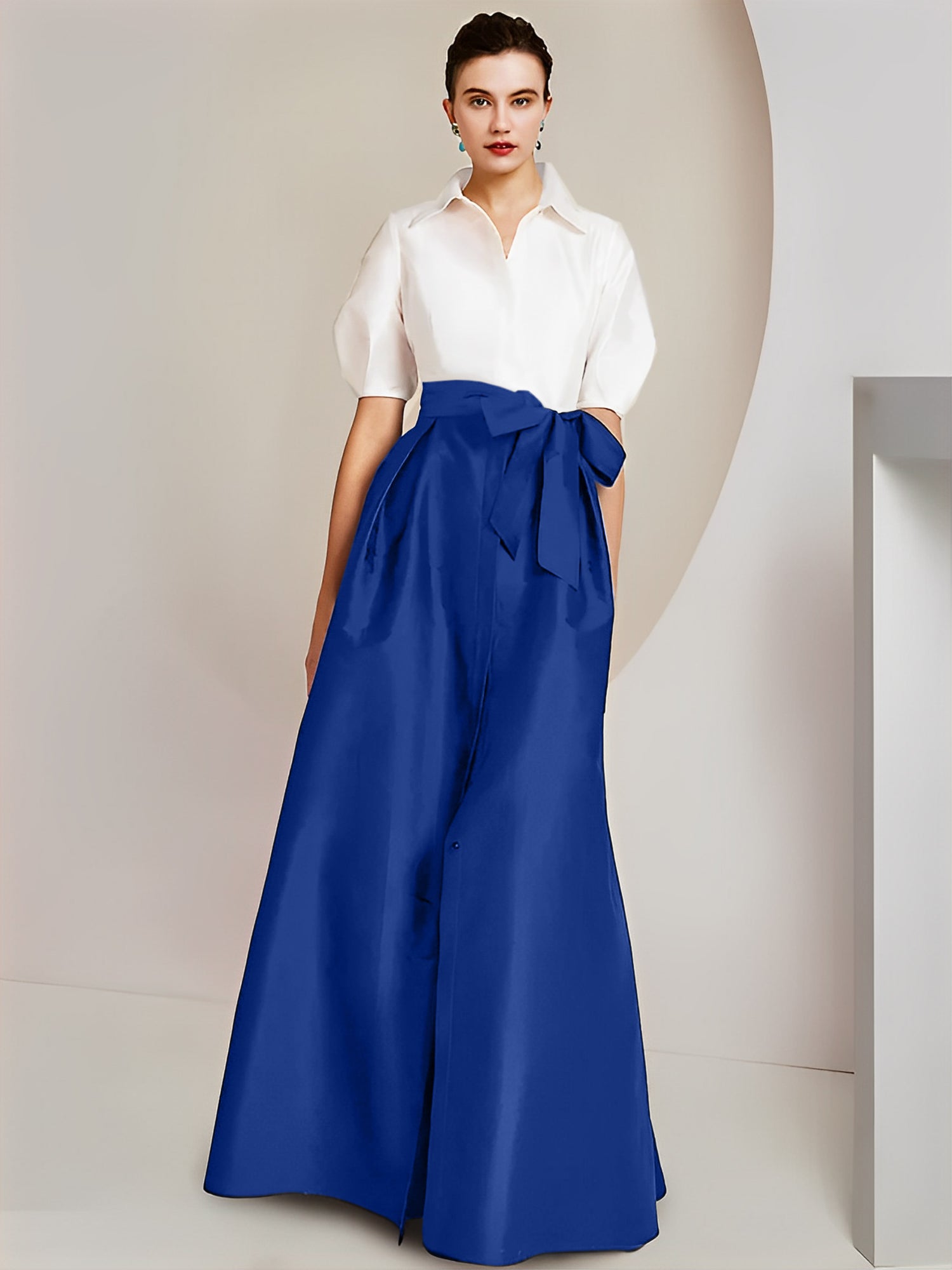Vestido de 2 piezas para madre de la novia, corte A/princesa, cuello camisero, mangas cortas 