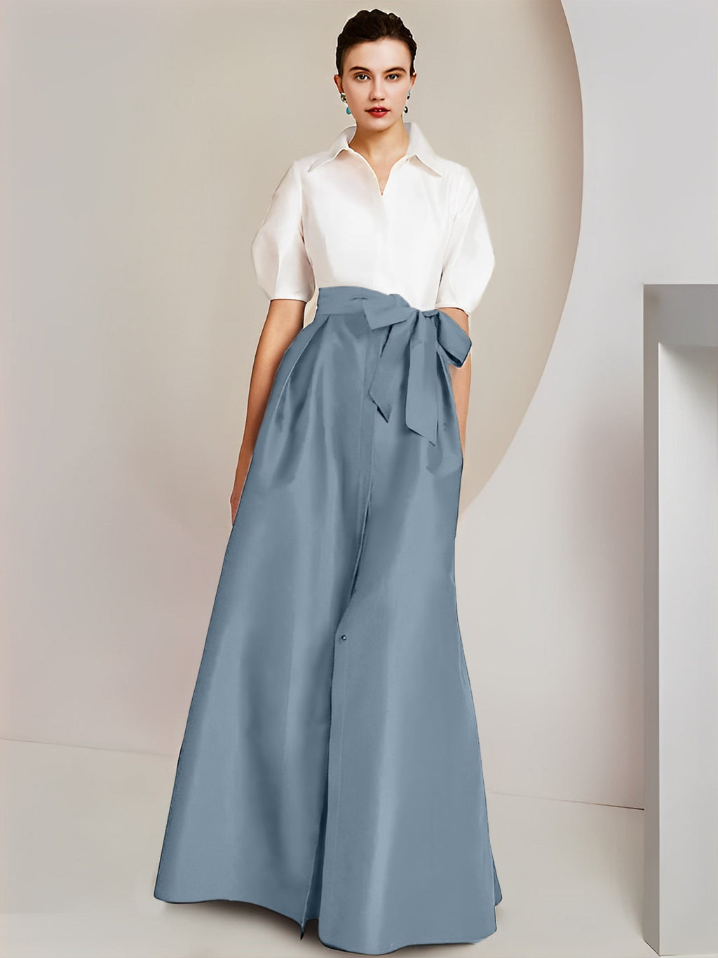 Vestido de 2 piezas para madre de la novia, corte A/princesa, cuello camisero, mangas cortas 