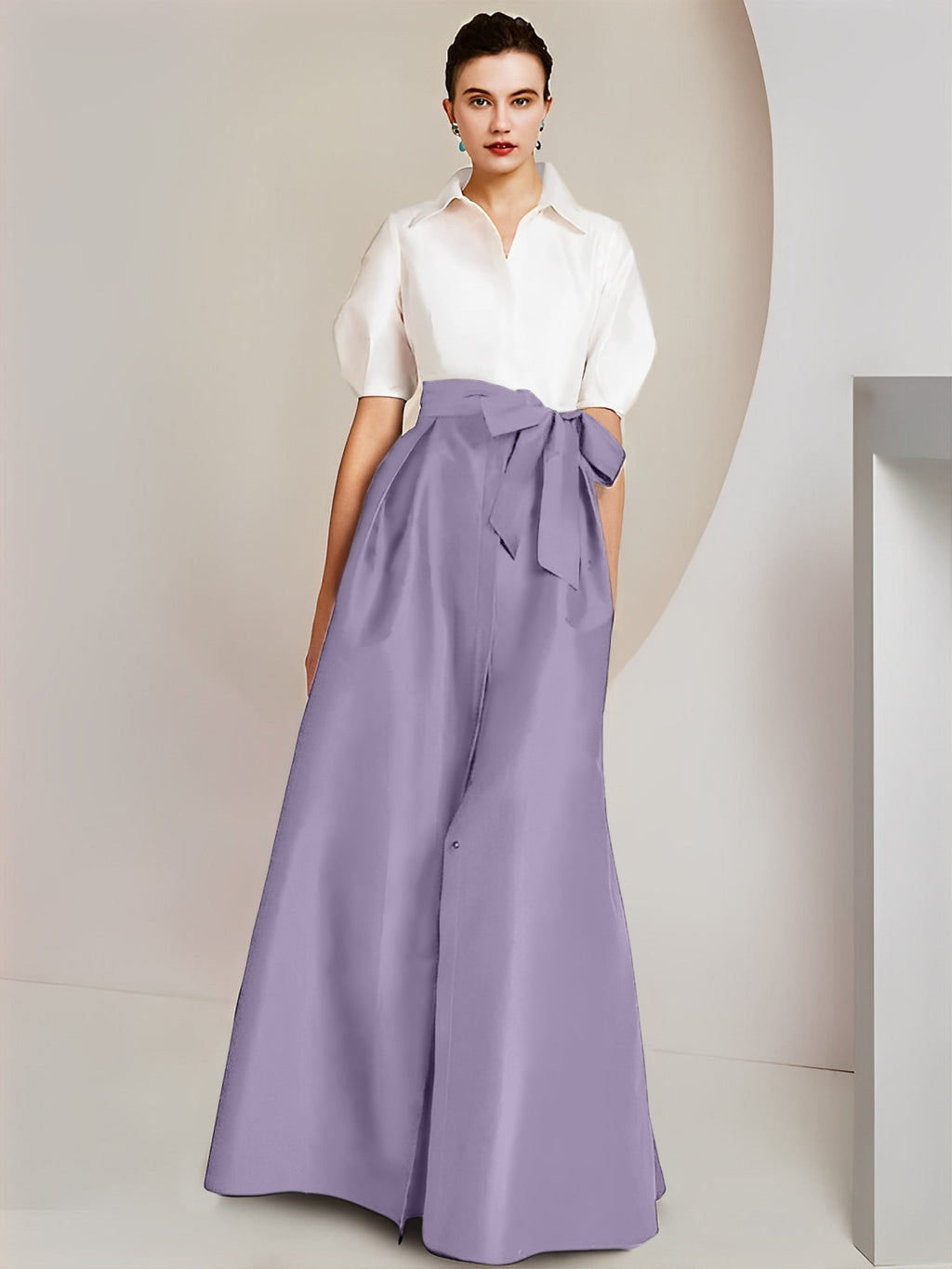Vestido de 2 piezas para madre de la novia, corte A/princesa, cuello camisero, mangas cortas 