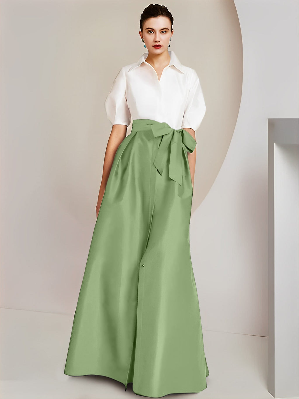 Vestido de 2 piezas para madre de la novia, corte A/princesa, cuello camisero, mangas cortas 