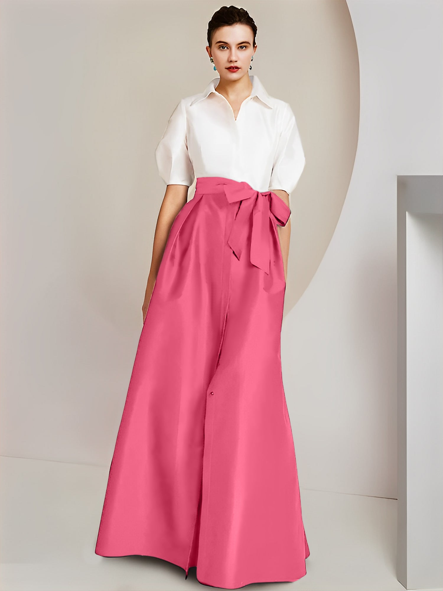 Vestido de 2 piezas para madre de la novia, corte A/princesa, cuello camisero, mangas cortas 