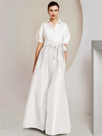 Vestido de 2 piezas para madre de la novia, corte A/princesa, cuello camisero, mangas cortas 