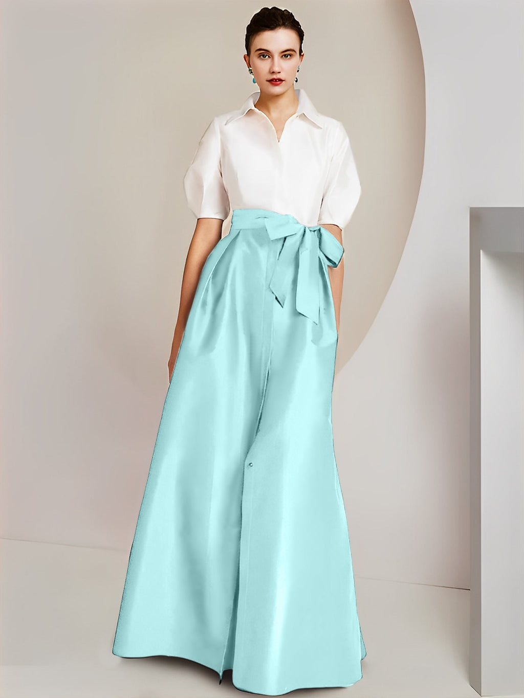 Vestido de 2 piezas para madre de la novia, corte A/princesa, cuello camisero, mangas cortas 