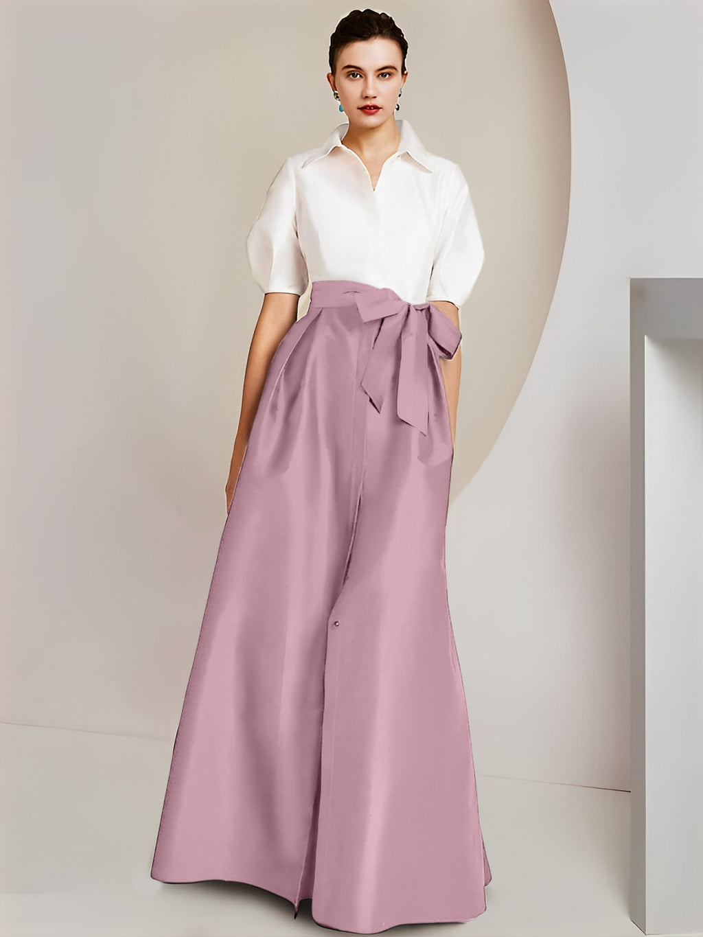 Vestido de 2 piezas para madre de la novia, corte A/princesa, cuello camisero, mangas cortas 