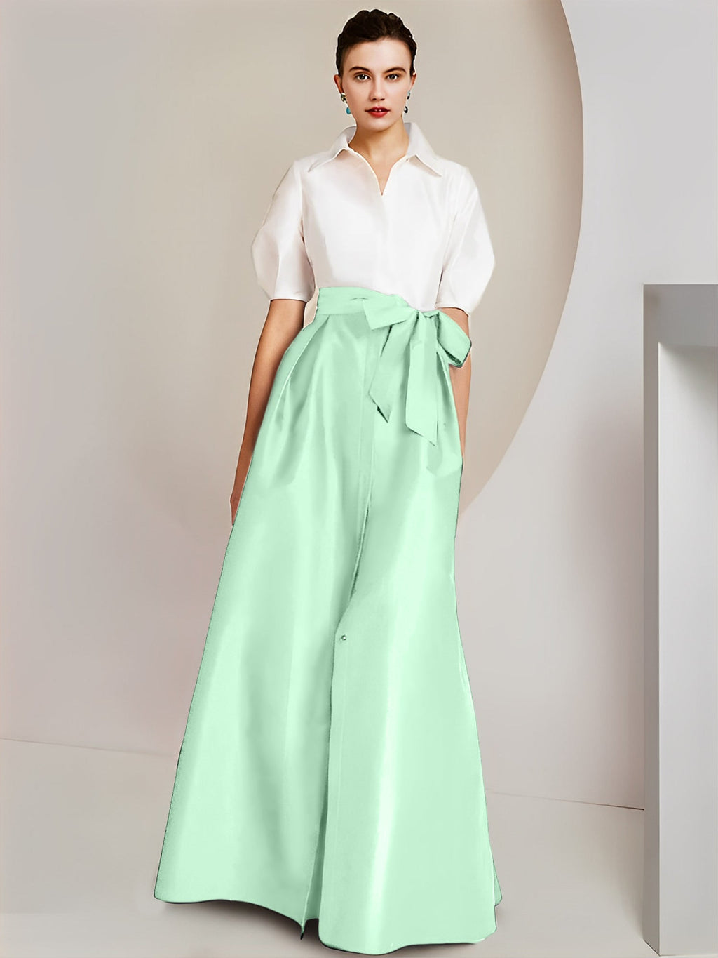 Vestido de 2 piezas para madre de la novia, corte A/princesa, cuello camisero, mangas cortas 