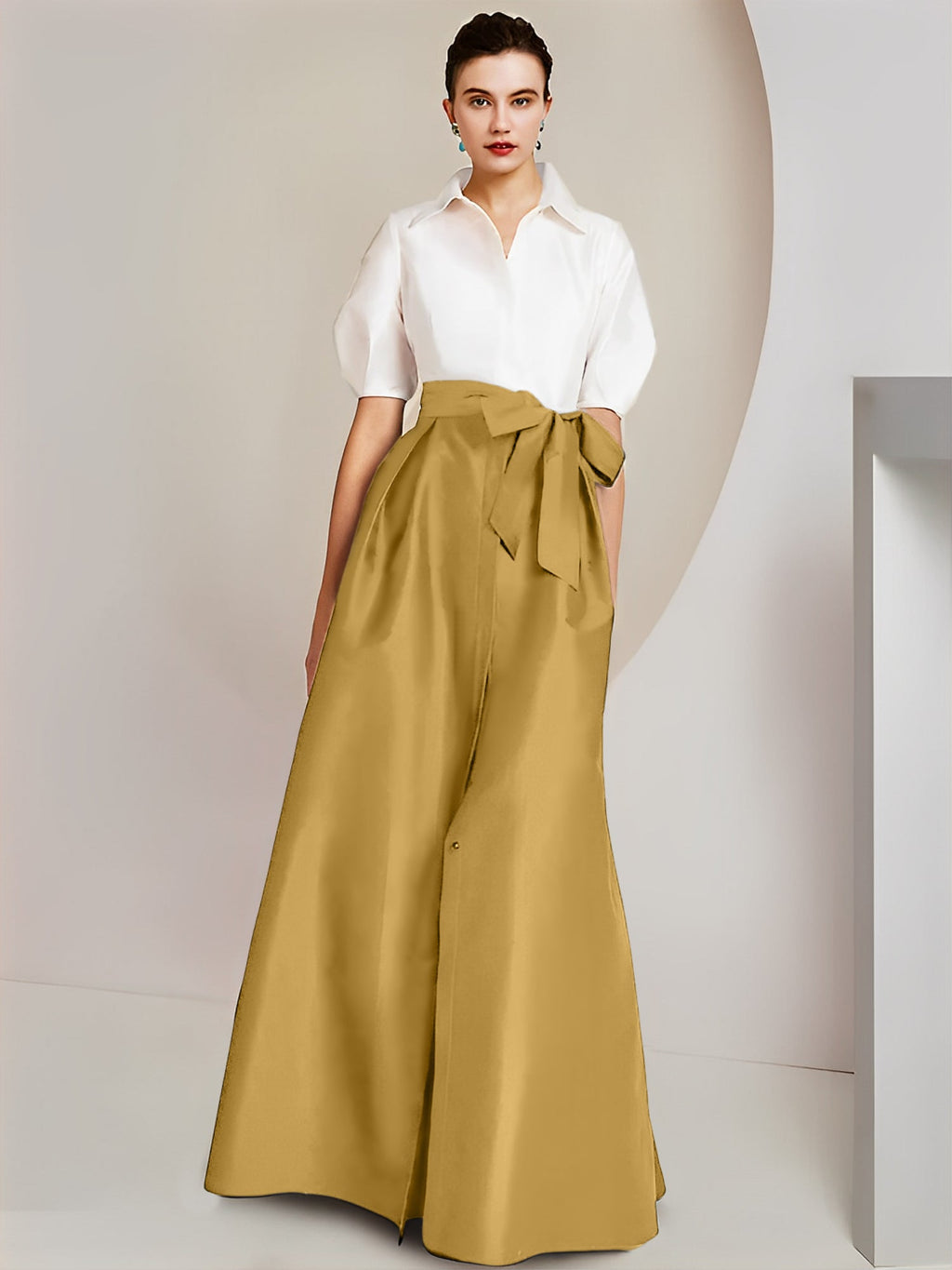 Vestido de 2 piezas para madre de la novia, corte A/princesa, cuello camisero, mangas cortas 