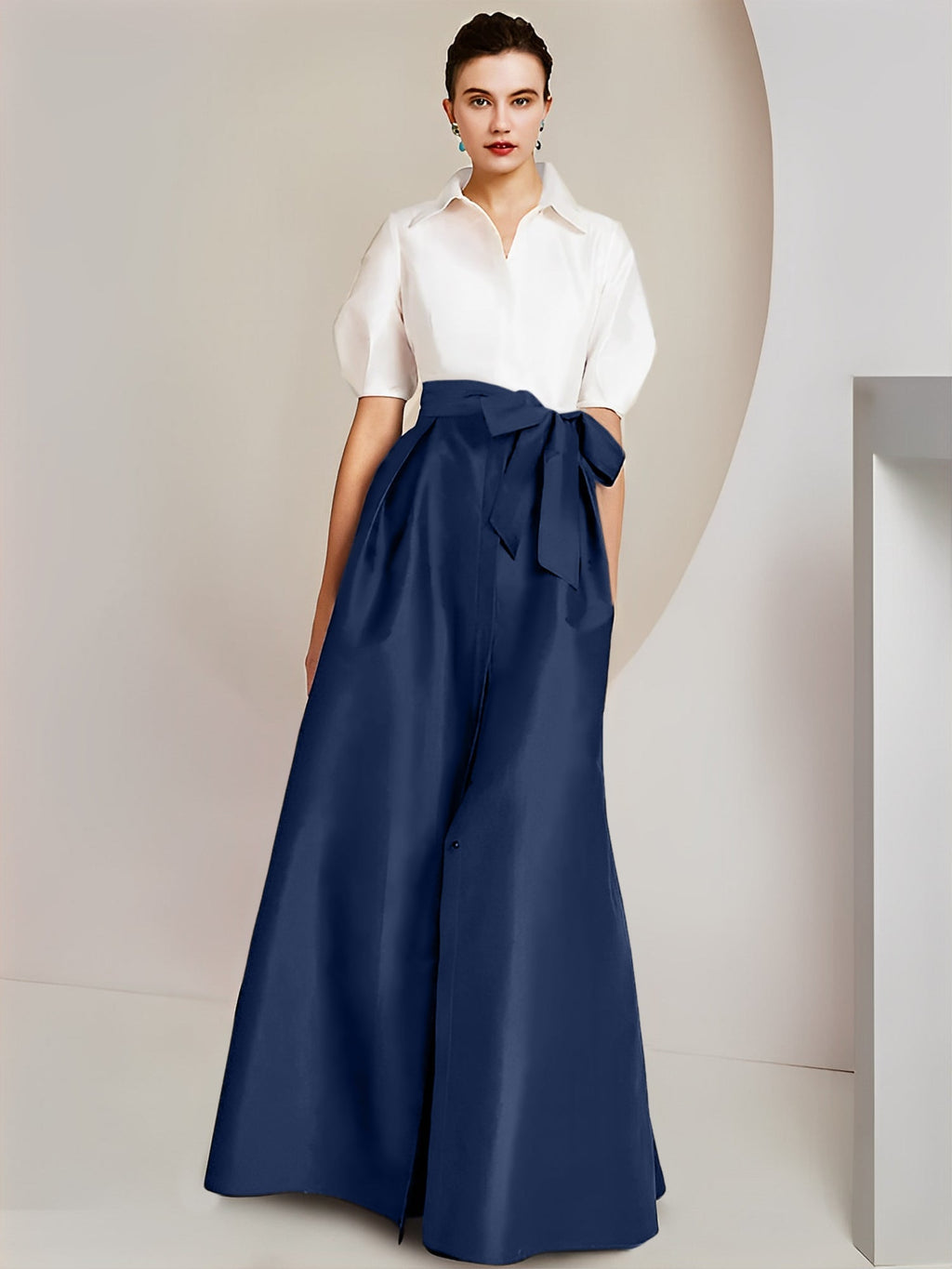 Vestido de 2 piezas para madre de la novia, corte A/princesa, cuello camisero, mangas cortas 