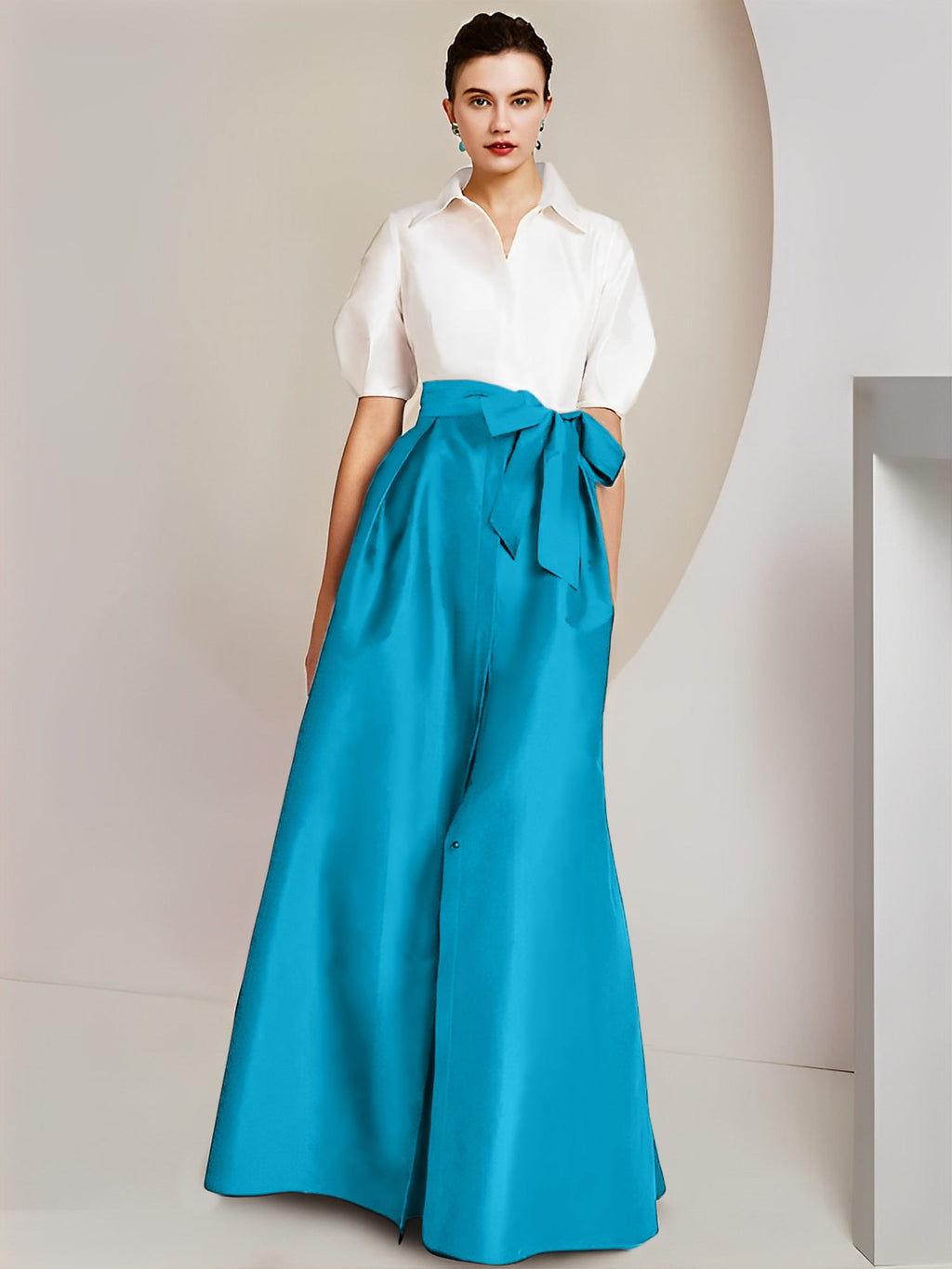 Vestido de 2 piezas para madre de la novia, corte A/princesa, cuello camisero, mangas cortas 