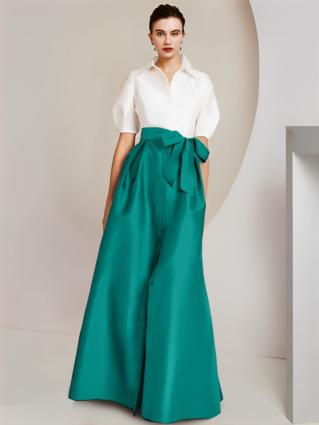 Vestido de 2 piezas para madre de la novia, corte A/princesa, cuello camisero, mangas cortas 