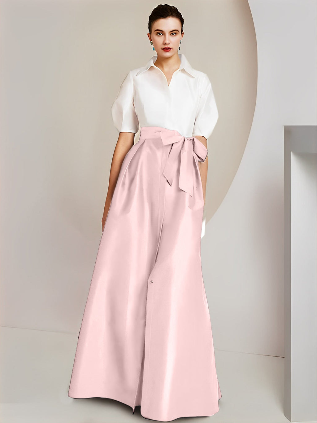 Vestido de 2 piezas para madre de la novia, corte A/princesa, cuello camisero, mangas cortas 