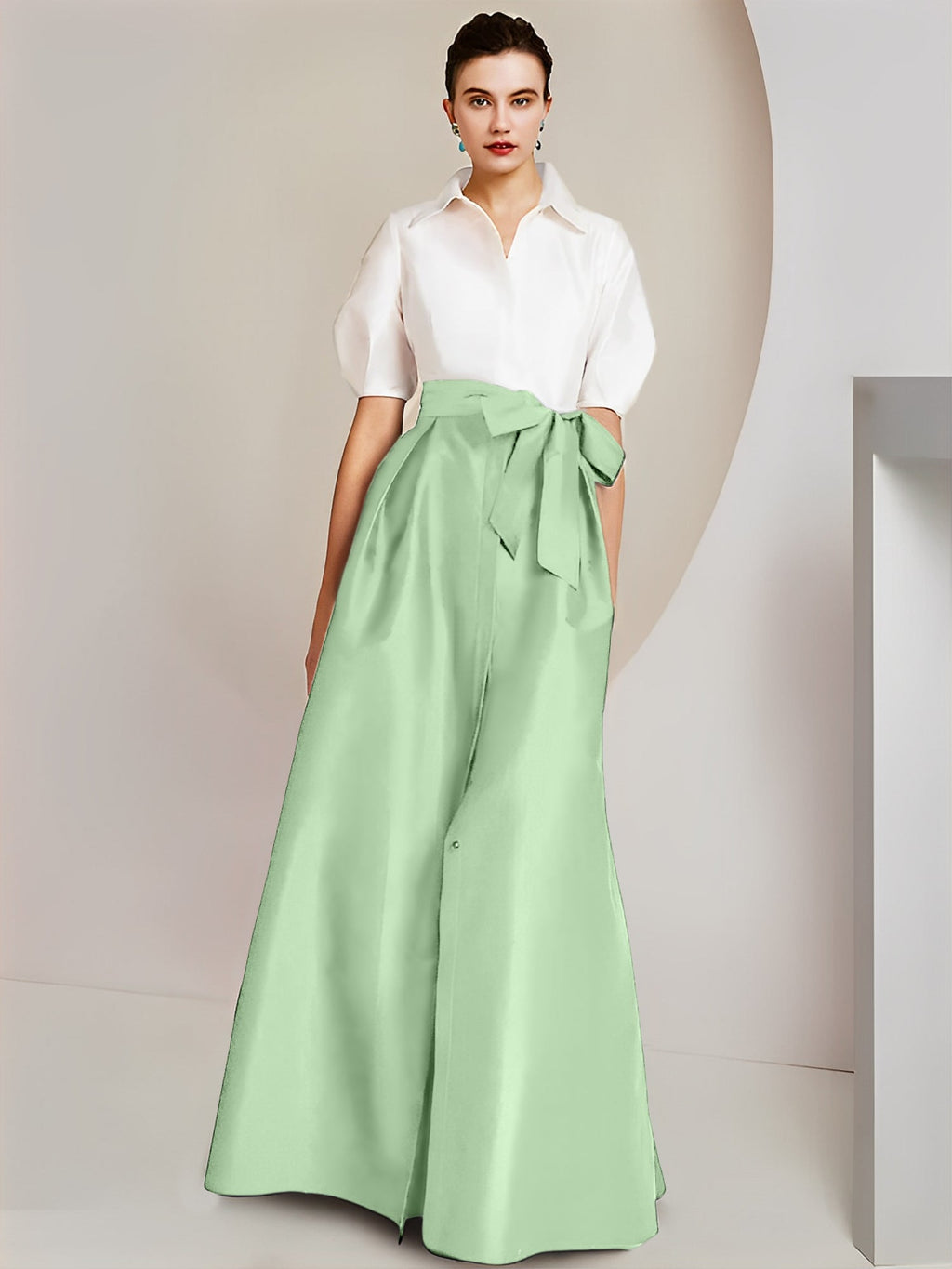 Vestido de 2 piezas para madre de la novia, corte A/princesa, cuello camisero, mangas cortas 