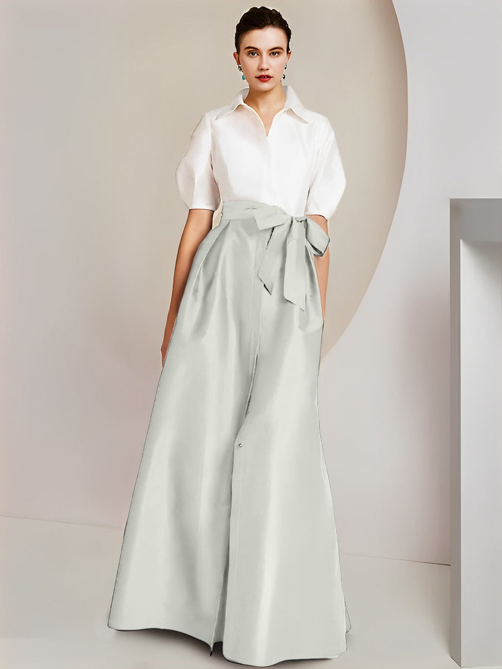 Vestido de 2 piezas para madre de la novia, corte A/princesa, cuello camisero, mangas cortas 