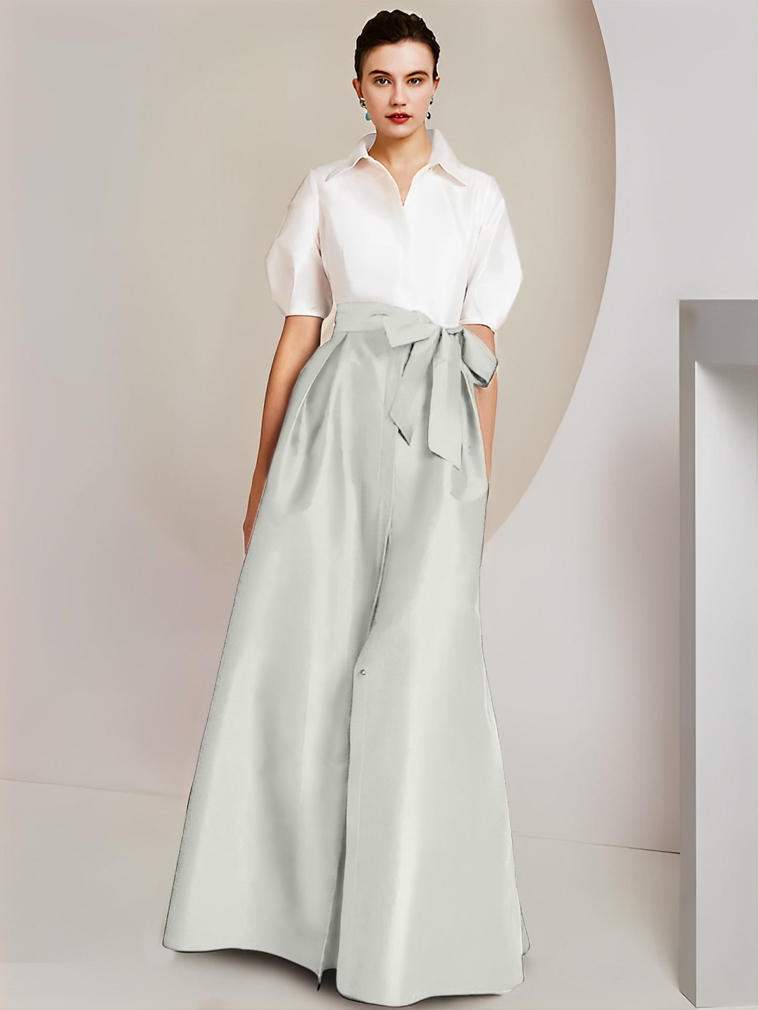 Vestido de 2 piezas para madre de la novia, corte A/princesa, cuello camisero, mangas cortas 