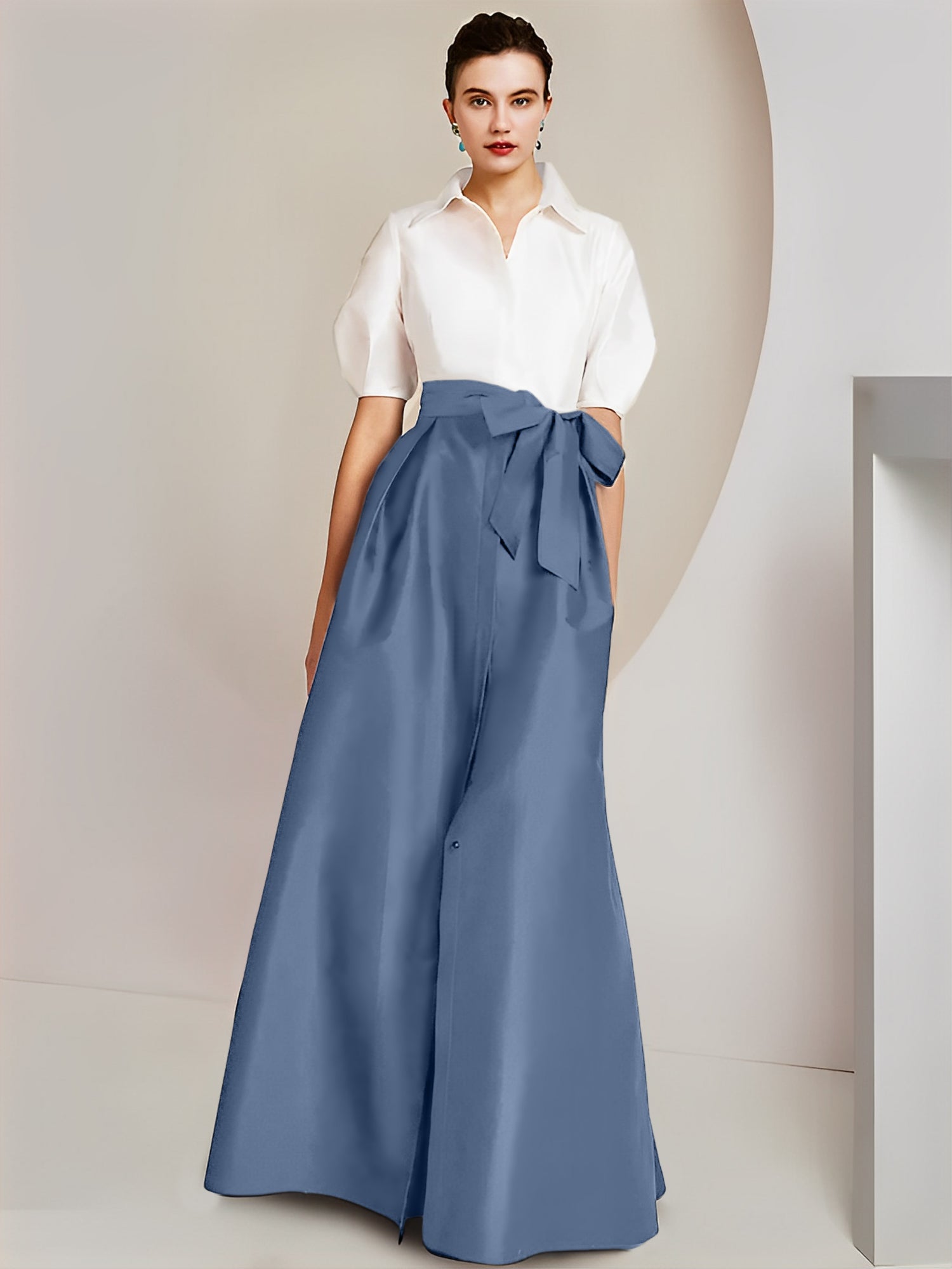 Vestido de 2 piezas para madre de la novia, corte A/princesa, cuello camisero, mangas cortas 