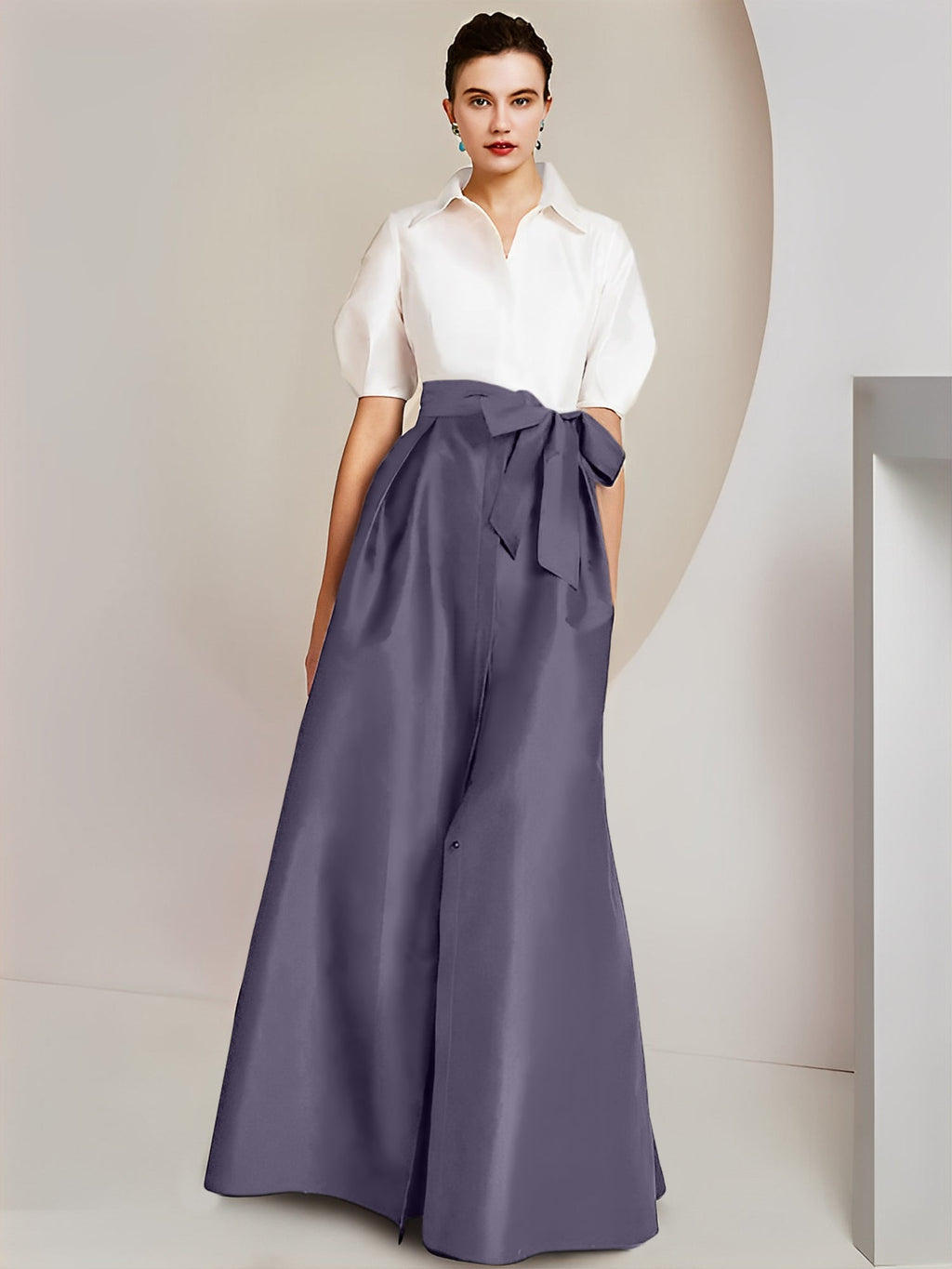 Vestido de 2 piezas para madre de la novia, corte A/princesa, cuello camisero, mangas cortas 