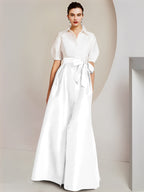 Vestido de 2 piezas para madre de la novia, corte A/princesa, cuello camisero, mangas cortas 
