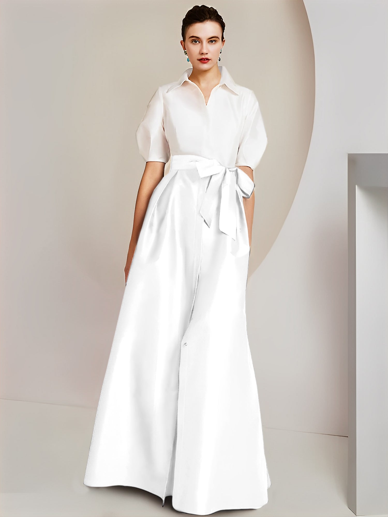 Vestido de 2 piezas para madre de la novia, corte A/princesa, cuello camisero, mangas cortas 