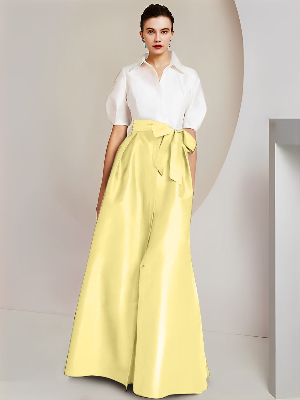 Vestido de 2 piezas para madre de la novia, corte A/princesa, cuello camisero, mangas cortas 