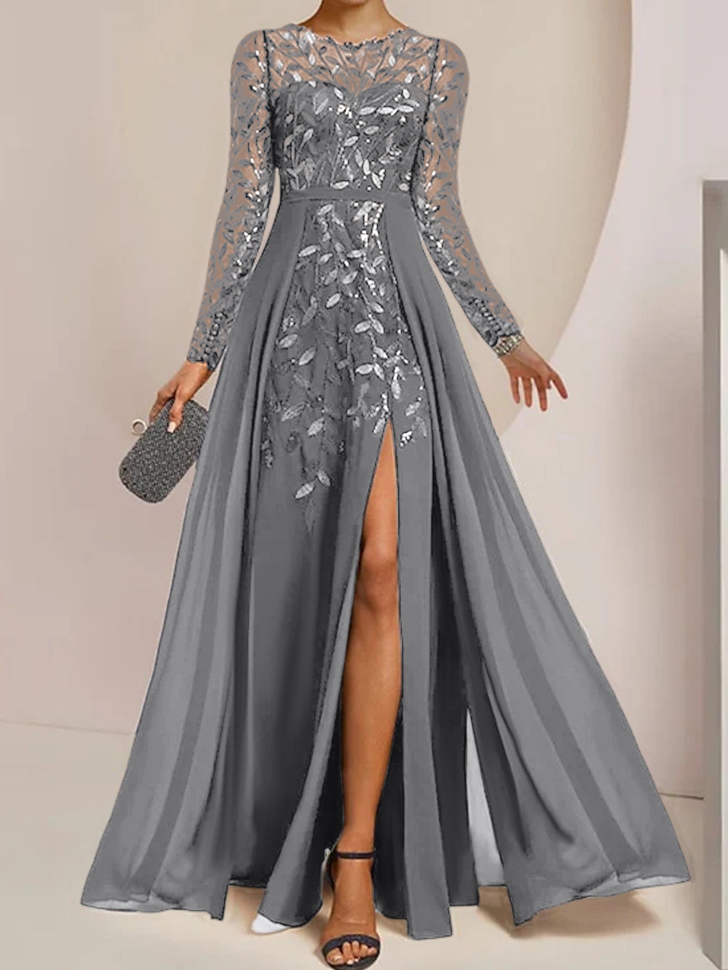 A-Linien-/Prinzessinnen-Ausschnitt, bodenlange Brautmutterkleider mit seitlichen Rüschen und Pailletten 
