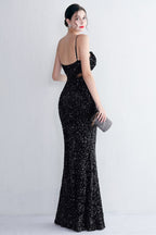 Mermaid Halter Black Sequins Long Prom Dress with Keyhole