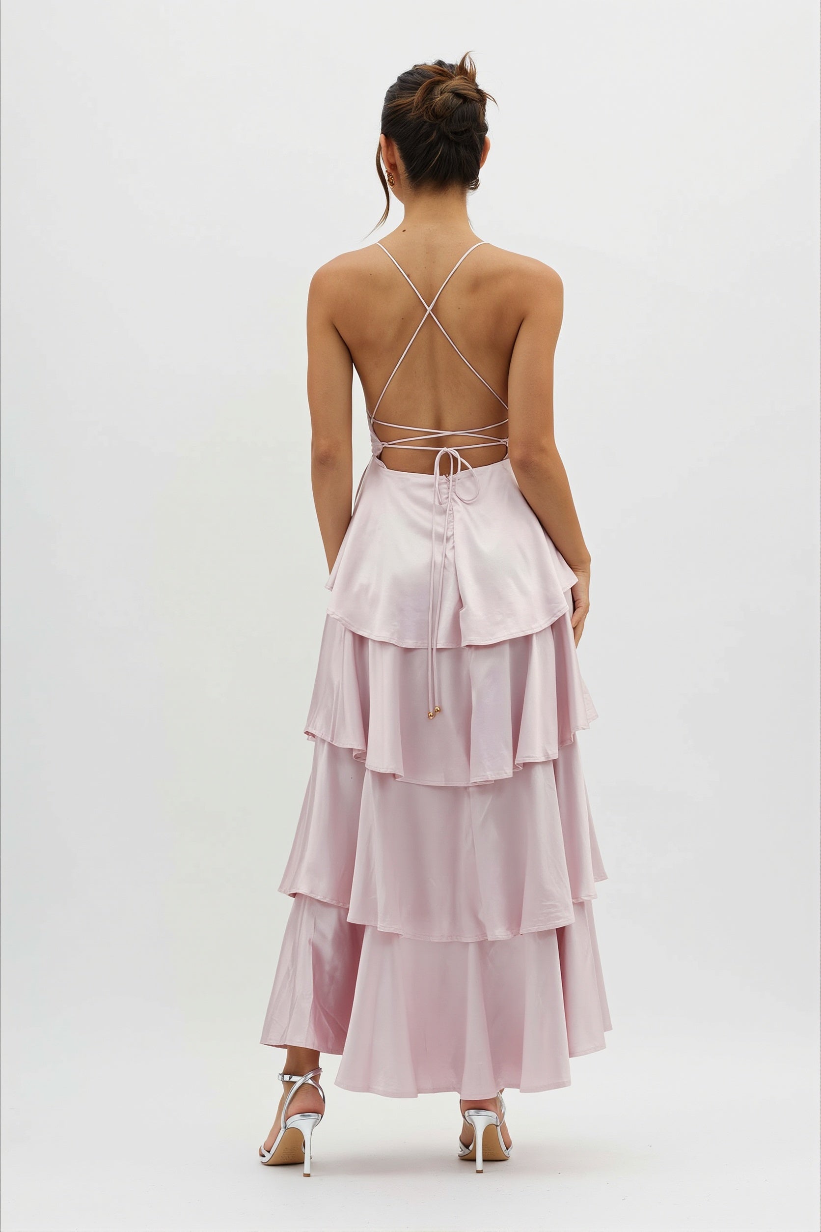 Satin V-Neck Cami Tiered Slim Maxi Dress