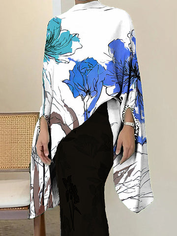Batwing Sleeves Loose Flower Print Zipper Mock Neck Blouses&shirts Tops