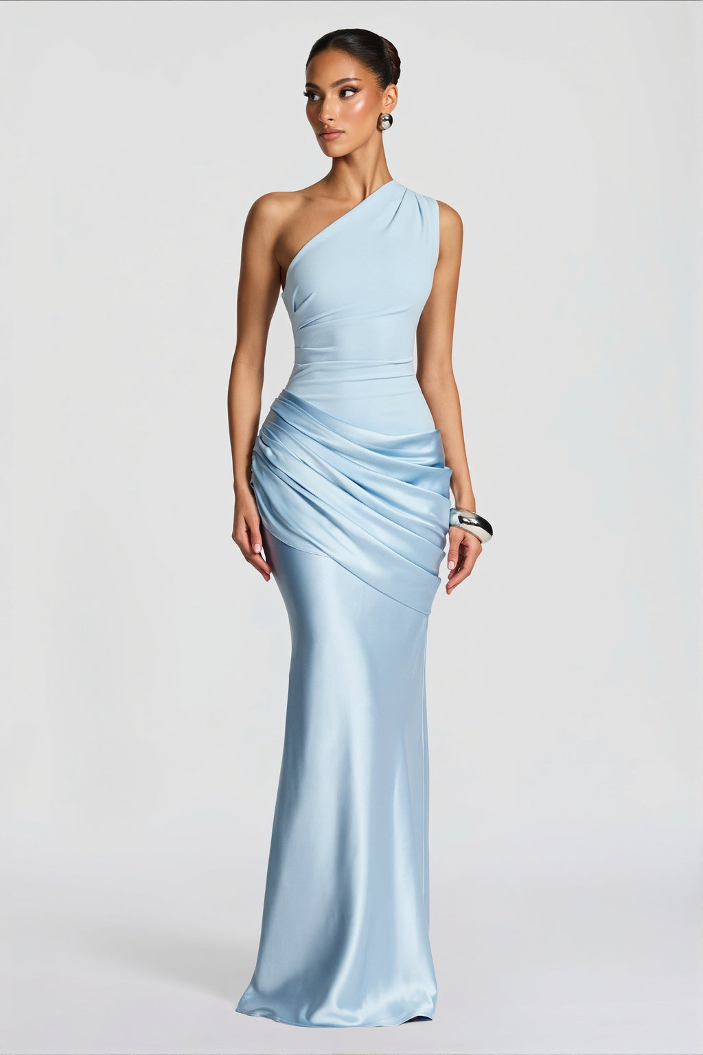 Satin Splice Ruched Slim Maxi Dress