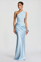 Satin Splice Ruched Slim Maxi Dress