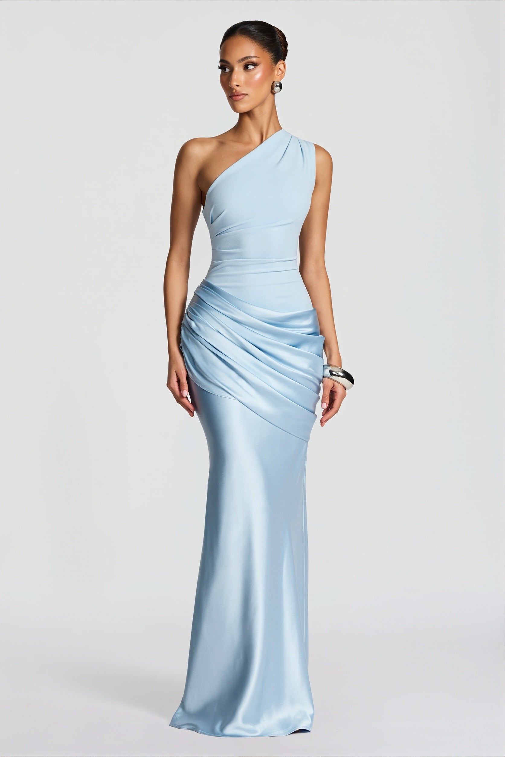 Satin Splice Ruched Slim Maxi Dress