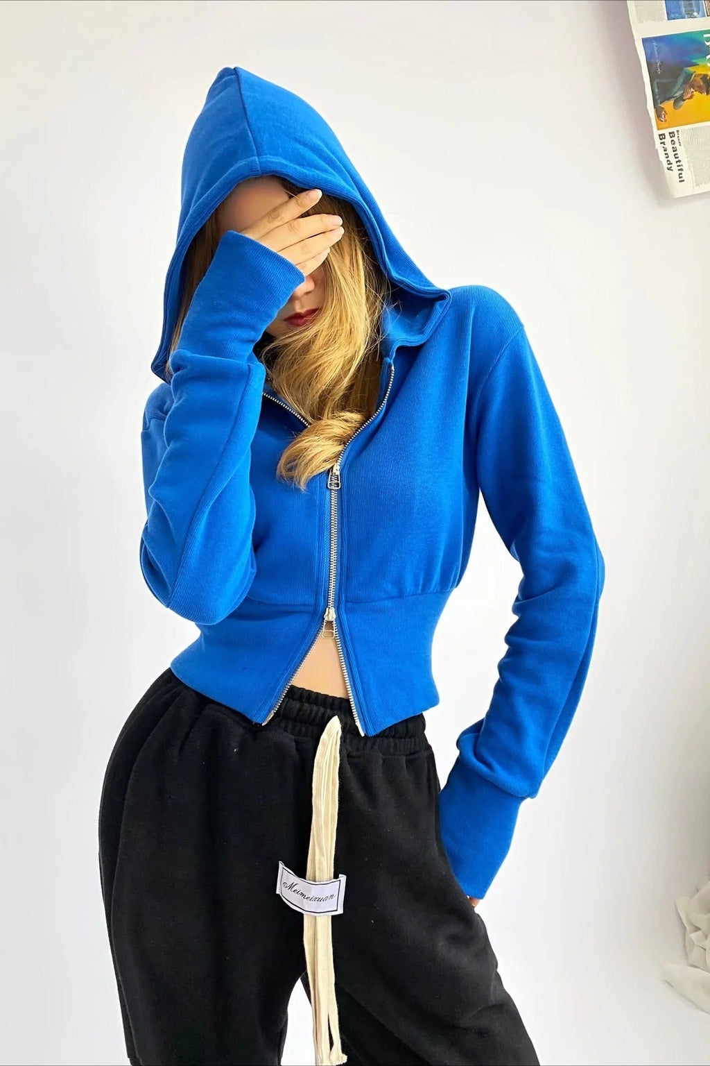 Solid Dual Zipper Slim Cropped Hoodie