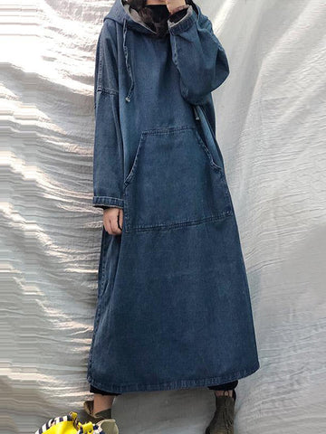 Vestido midi vintage de mezclilla suelta con capucha y cordón ajustable 