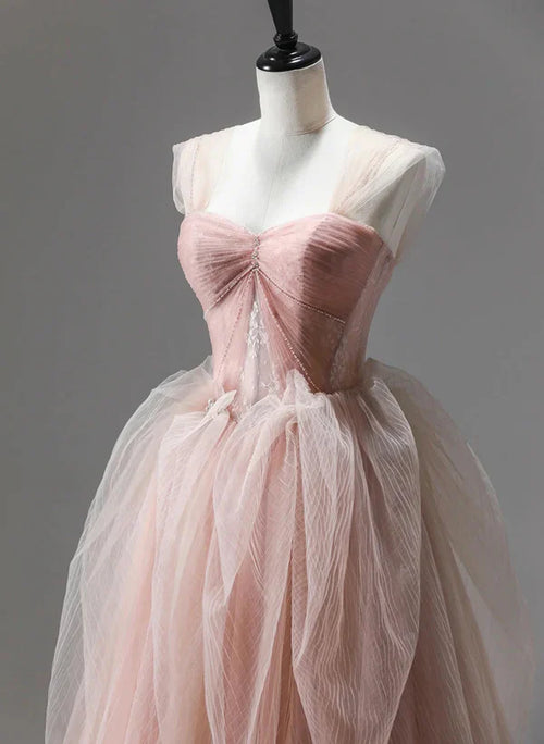 A-Line Princess Tulle Beaded Long Party Dress Prom Dress Floor Length Formal Dress