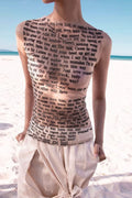 Letter Print Sheer Mesh Sleeveless Crew Neck Slim Blouse